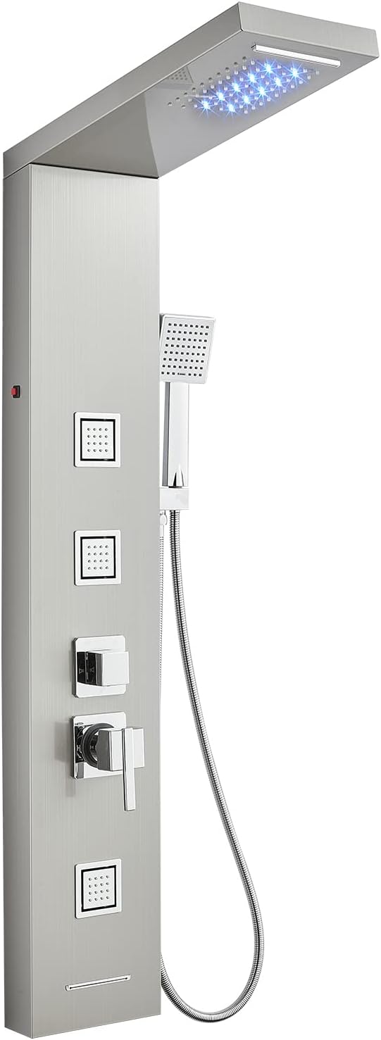 5-in-1 LED Shower Panel Tower System Stainless Steel Rainfall + waterfall heads | 3 massage sprays | Handheld shower | Waterfall tub spout | LED lights | Wall mount