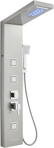 5-in-1 LED Shower Panel Tower System Stainless Steel Rainfall + waterfall heads | 3 massage sprays | Handheld shower | Waterfall tub spout | LED lights | Wall mount