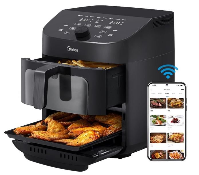 Midea Dual Basket Air Fryer Oven 11 Quart 8 in 1 Functions, Clear Window, Smart Sync Finish, Works with Alexa, Wi-Fi Connectivity, 50+ App Recipes for family meals, Bake, Roast, Grill, Broil, Toast