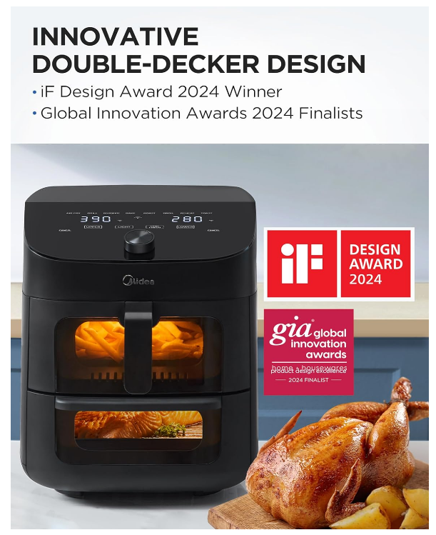 Midea Dual Basket Air Fryer Oven 11 Quart 8 in 1 Functions, Clear Window, Smart Sync Finish, Works with Alexa, Wi-Fi Connectivity, 50+ App Recipes for family meals, Bake, Roast, Grill, Broil, Toast