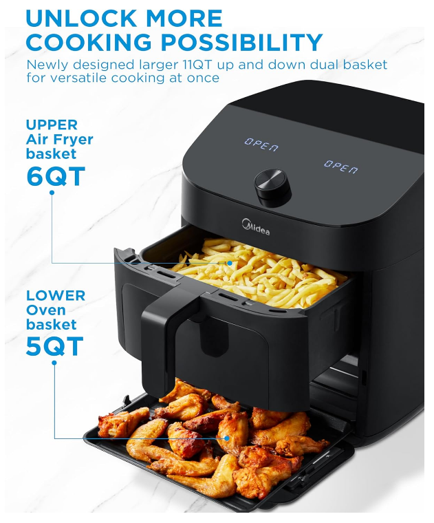 Midea Dual Basket Air Fryer Oven 11 Quart 8 in 1 Functions, Clear Window, Smart Sync Finish, Works with Alexa, Wi-Fi Connectivity, 50+ App Recipes for family meals, Bake, Roast, Grill, Broil, Toast