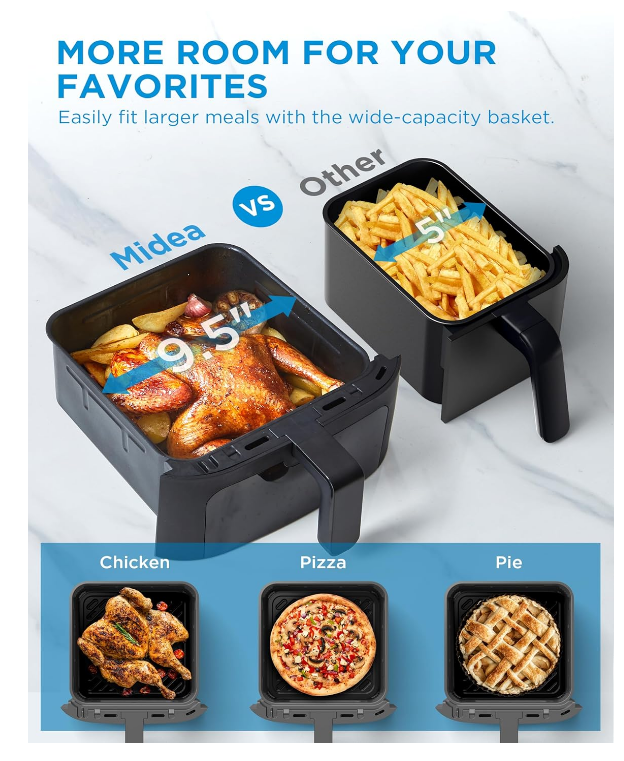 Midea Dual Basket Air Fryer Oven 11 Quart 8 in 1 Functions, Clear Window, Smart Sync Finish, Works with Alexa, Wi-Fi Connectivity, 50+ App Recipes for family meals, Bake, Roast, Grill, Broil, Toast