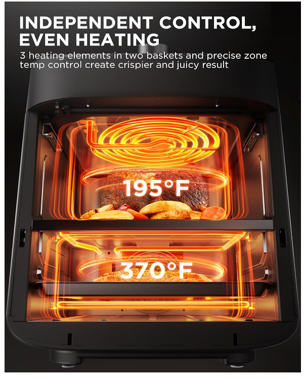 Midea Dual Basket Air Fryer Oven 11 Quart 8 in 1 Functions, Clear Window, Smart Sync Finish, Works with Alexa, Wi-Fi Connectivity, 50+ App Recipes for family meals, Bake, Roast, Grill, Broil, Toast