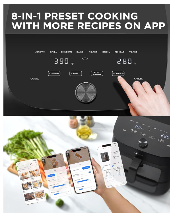 Midea Dual Basket Air Fryer Oven 11 Quart 8 in 1 Functions, Clear Window, Smart Sync Finish, Works with Alexa, Wi-Fi Connectivity, 50+ App Recipes for family meals, Bake, Roast, Grill, Broil, Toast