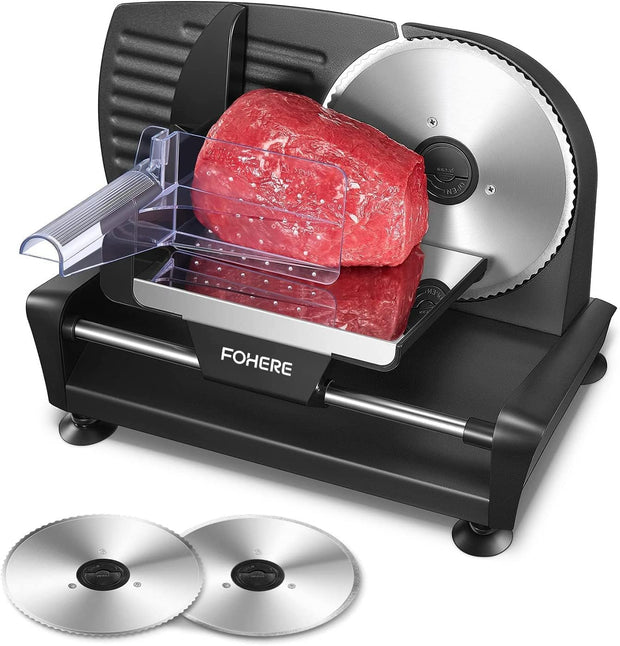 FOHERE Electric Meat Slicer, 200W Deli & Food Slicer with Two 7.5'' Blade(Serrated & Smooth) for Home Use, Precise 0-15mm Adjustable Thickness for Meat, Cheese, Bread, Include Food Pusher SL-519N