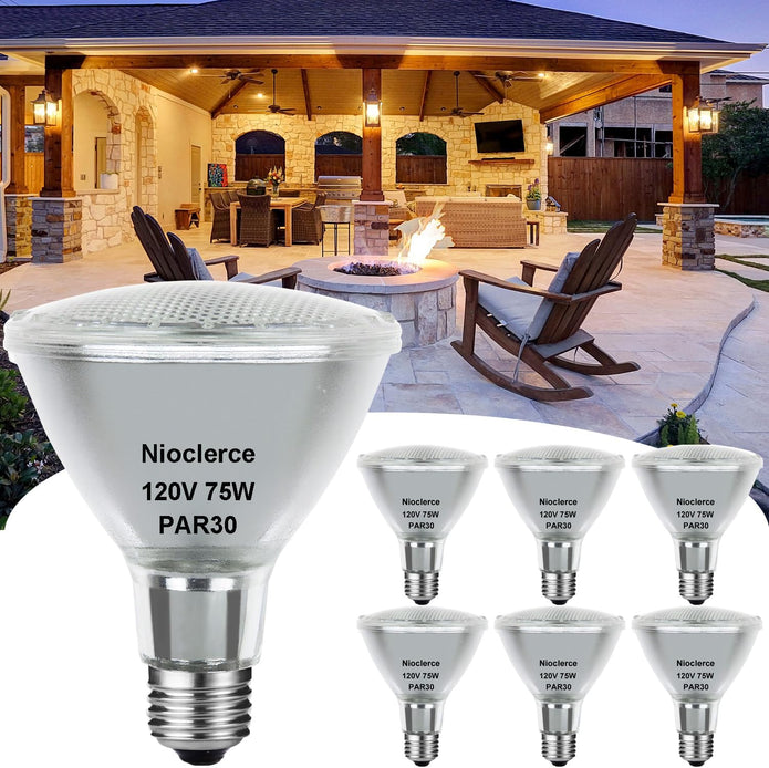 Halogen PAR30 Long Neck 75W 120V 800LM, 6 Pack High Output Halogen PAR30 Dimmable 2800K Warm White with E26 Base, Long Lifespan Long Neck Flood Light Bulb with CRI100 for Recessed Lighting