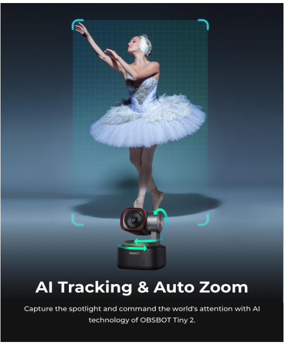 OBSBOT Tiny 2 Webcam 4K Voice Control PTZ, AI Tracking Multi-mode & Auto Focus