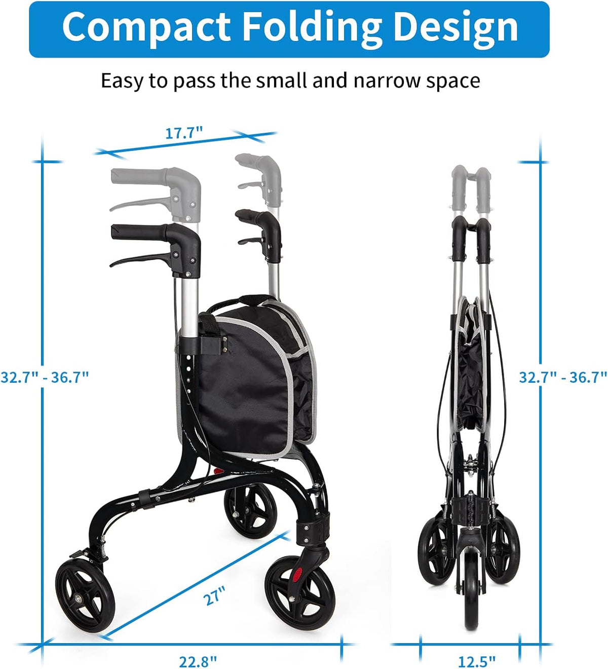 DEMO/ Planetwalk Premium 3 Wheel Rollator Walker for Seniors - Ultra Lightweight Foldable Walker for Elderly, Aluminum Three Wheel Mobility Aid, Black
