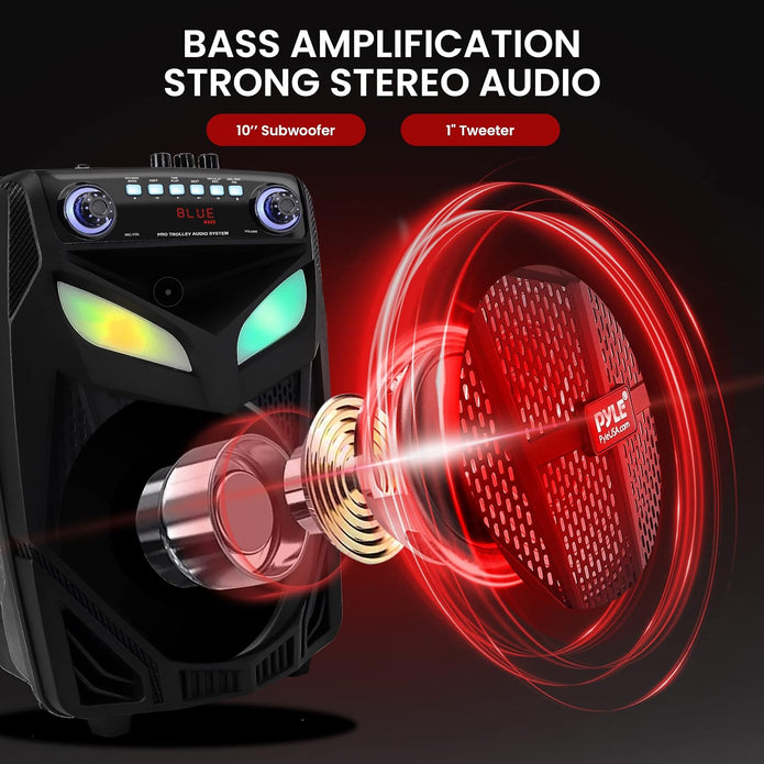 USED LIKE NEW Portable Bluetooth PA Speaker System - 600W 10” Outdoor BT Speaker - Includes 2 Wireless Microphones, Party Lights, USB SD Card Reader, FM Radio, Rolling Wheels - Remote Control - Pyle PPHP101WMB