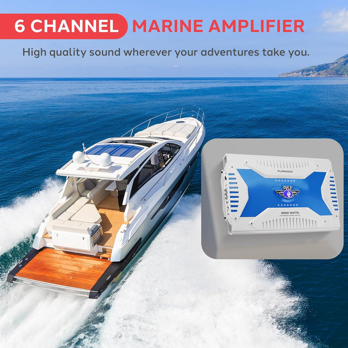 6 Channel Marine Amplifier Receiver - Waterproof Wireless Bridgeable Audio Amp for Stereo Speaker with 2000 Watt Power Dual MOSFET Supply, GAIN Level, RCA Inputs and LED Indicator - Pyle PLMRA620