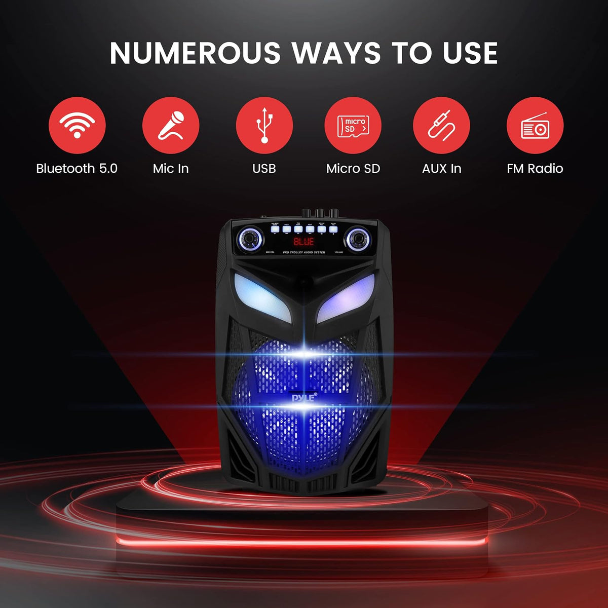 USED LIKE NEW Portable Bluetooth PA Speaker System - 600W 10” Outdoor BT Speaker - Includes 2 Wireless Microphones, Party Lights, USB SD Card Reader, FM Radio, Rolling Wheels - Remote Control - Pyle PPHP101WMB