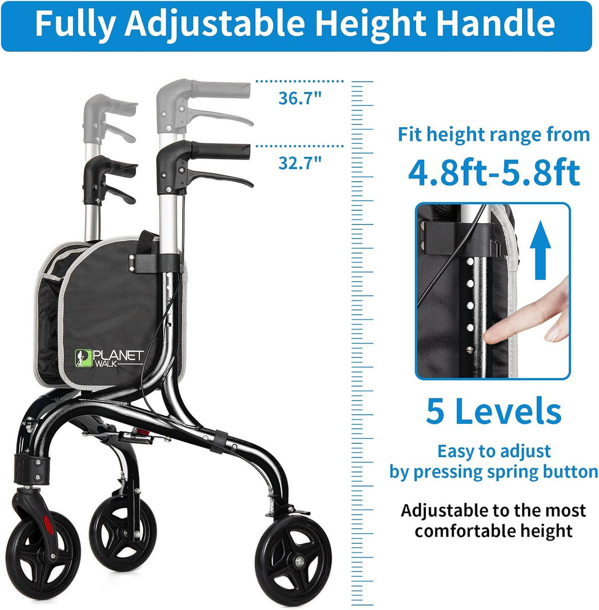 DEMO/ Planetwalk Premium 3 Wheel Rollator Walker for Seniors - Ultra Lightweight Foldable Walker for Elderly, Aluminum Three Wheel Mobility Aid, Black