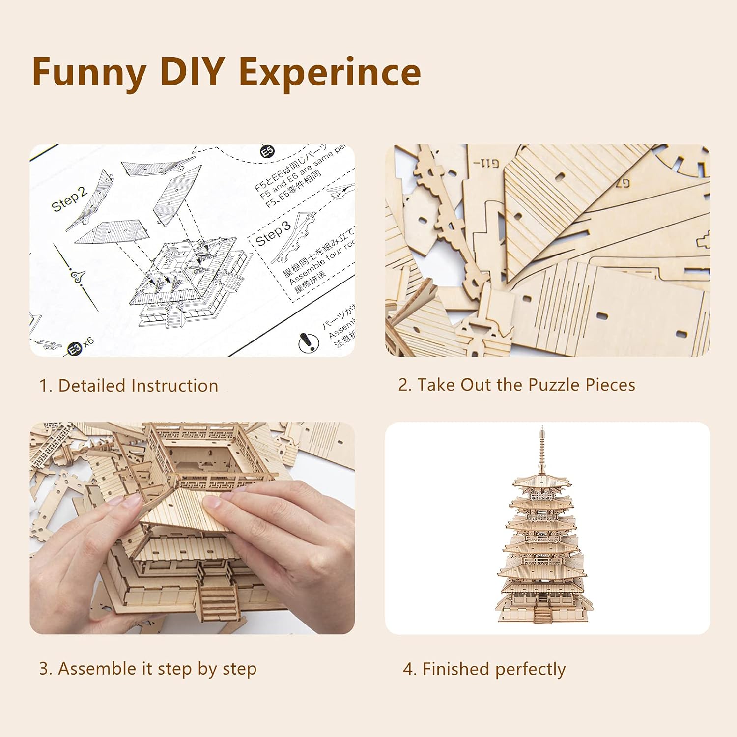 ROBOTIME 3D Puzzle for Adults Wooden Craft Kits DIY Model Building Kit (Five-Storied Pagoda) TGN02