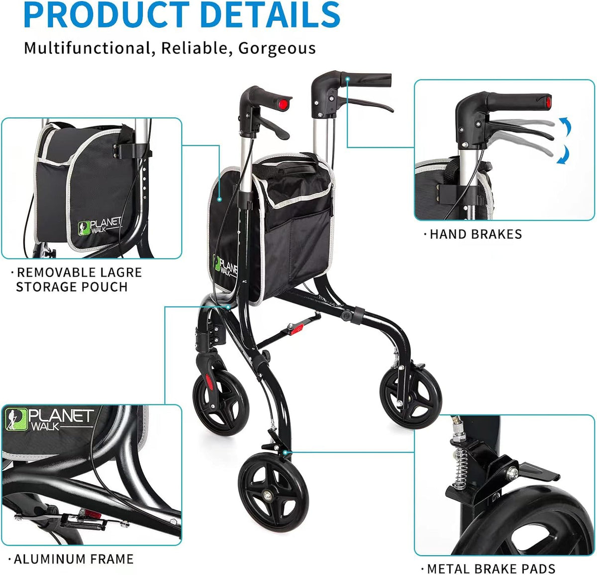 DEMO/ Planetwalk Premium 3 Wheel Rollator Walker for Seniors - Ultra Lightweight Foldable Walker for Elderly, Aluminum Three Wheel Mobility Aid, Black