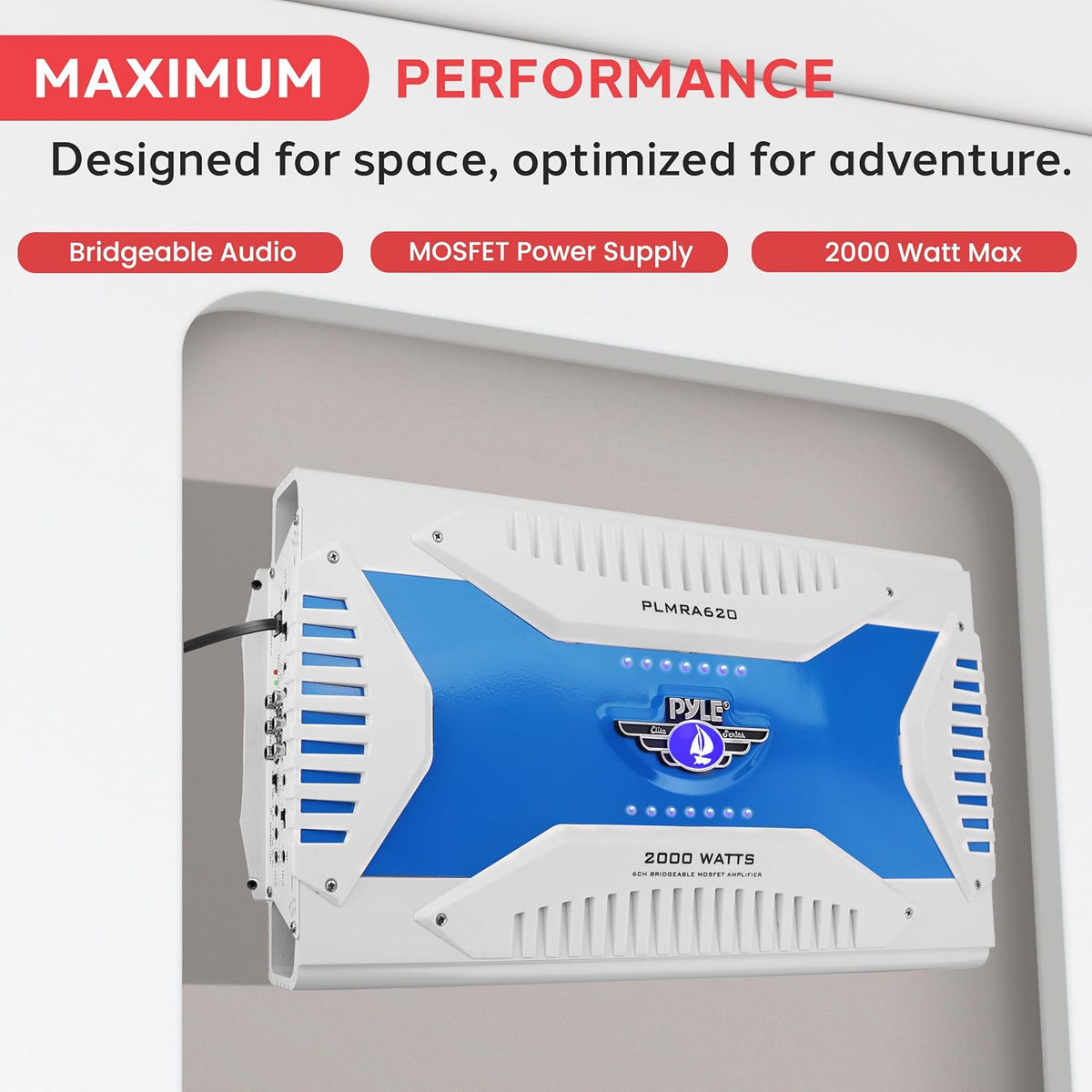 6 Channel Marine Amplifier Receiver - Waterproof Wireless Bridgeable Audio Amp for Stereo Speaker with 2000 Watt Power Dual MOSFET Supply, GAIN Level, RCA Inputs and LED Indicator - Pyle PLMRA620