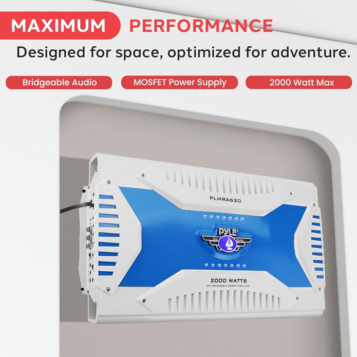 6 Channel Marine Amplifier Receiver - Waterproof Wireless Bridgeable Audio Amp for Stereo Speaker with 2000 Watt Power Dual MOSFET Supply, GAIN Level, RCA Inputs and LED Indicator - Pyle PLMRA620