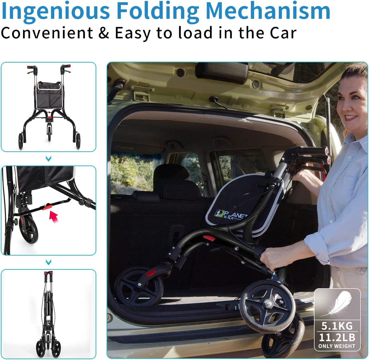 DEMO/ Planetwalk Premium 3 Wheel Rollator Walker for Seniors - Ultra Lightweight Foldable Walker for Elderly, Aluminum Three Wheel Mobility Aid, Black