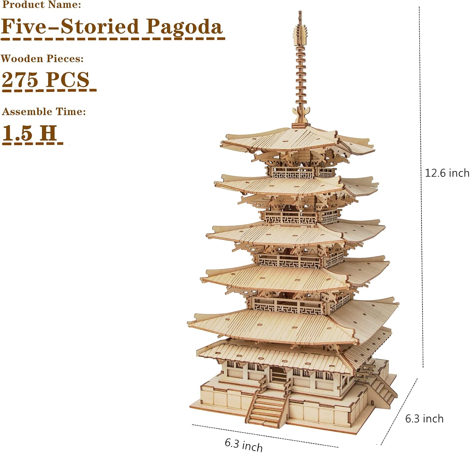 ROBOTIME 3D Puzzle for Adults Wooden Craft Kits DIY Model Building Kit (Five-Storied Pagoda) TGN02