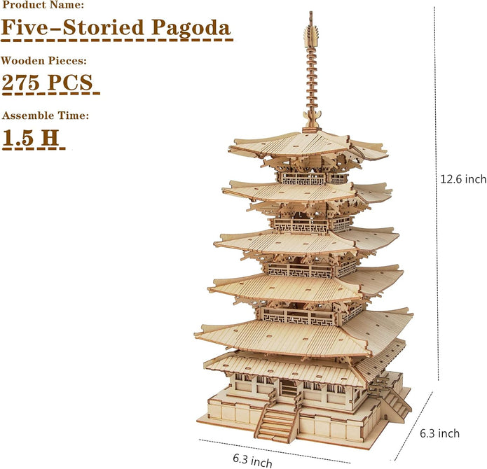 ROBOTIME 3D Puzzle for Adults Wooden Craft Kits DIY Model Building Kit (Five-Storied Pagoda) TGN02