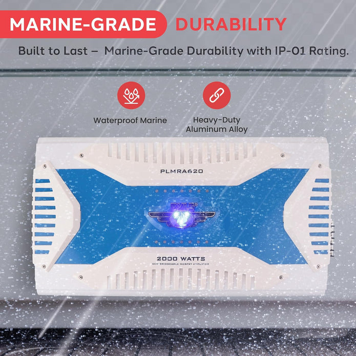 6 Channel Marine Amplifier Receiver - Waterproof Wireless Bridgeable Audio Amp for Stereo Speaker with 2000 Watt Power Dual MOSFET Supply, GAIN Level, RCA Inputs and LED Indicator - Pyle PLMRA620