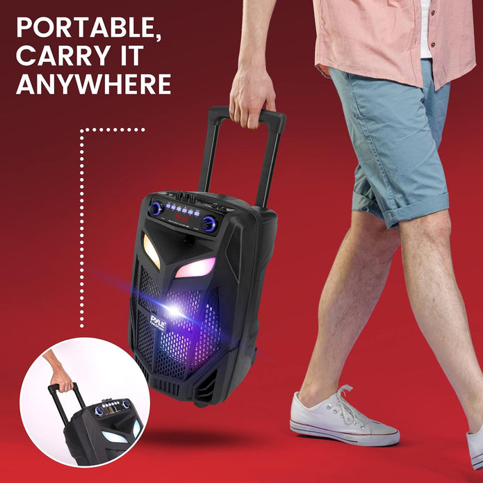 USED LIKE NEW Portable Bluetooth PA Speaker System - 600W 10” Outdoor BT Speaker - Includes 2 Wireless Microphones, Party Lights, USB SD Card Reader, FM Radio, Rolling Wheels - Remote Control - Pyle PPHP101WMB