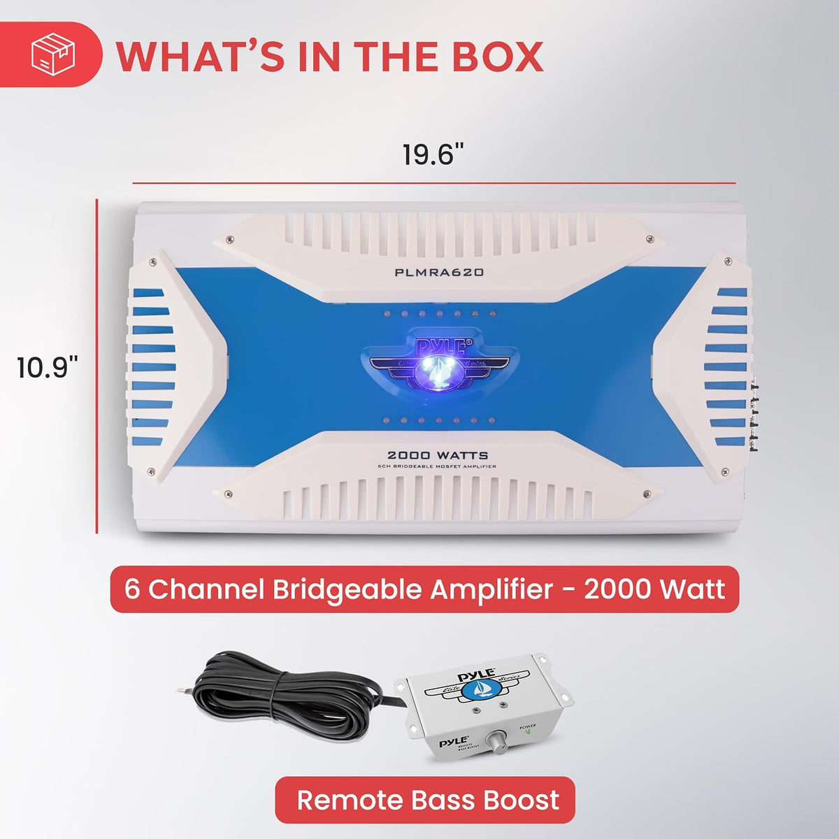 6 Channel Marine Amplifier Receiver - Waterproof Wireless Bridgeable Audio Amp for Stereo Speaker with 2000 Watt Power Dual MOSFET Supply, GAIN Level, RCA Inputs and LED Indicator - Pyle PLMRA620