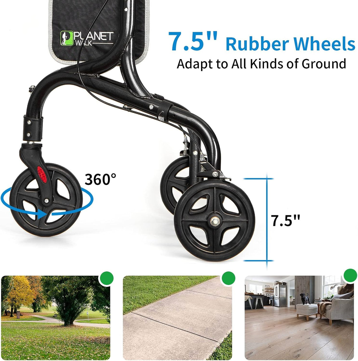DEMO/ Planetwalk Premium 3 Wheel Rollator Walker for Seniors - Ultra Lightweight Foldable Walker for Elderly, Aluminum Three Wheel Mobility Aid, Black