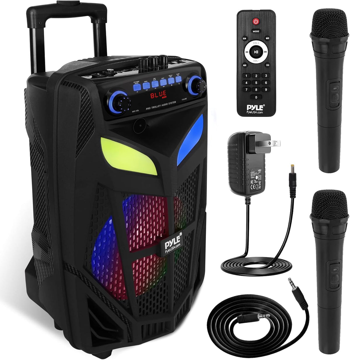 USED LIKE NEW Portable Bluetooth PA Speaker System - 600W 10” Outdoor BT Speaker - Includes 2 Wireless Microphones, Party Lights, USB SD Card Reader, FM Radio, Rolling Wheels - Remote Control - Pyle PPHP101WMB
