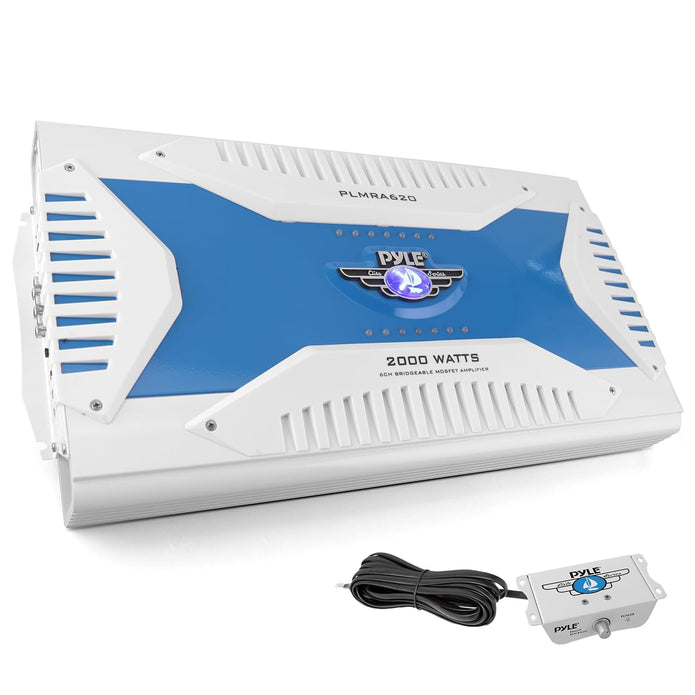6 Channel Marine Amplifier Receiver - Waterproof Wireless Bridgeable Audio Amp for Stereo Speaker with 2000 Watt Power Dual MOSFET Supply, GAIN Level, RCA Inputs and LED Indicator - Pyle PLMRA620