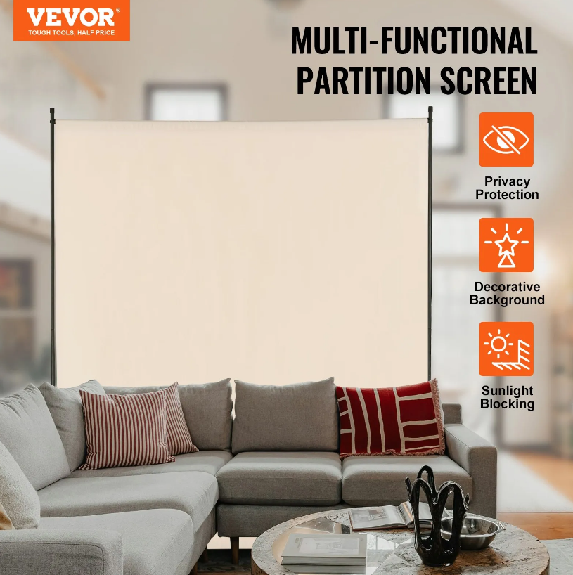 VEVOR 6FT Room Divider Single Panel Fabric Room Screen for Office Bedroom Beige