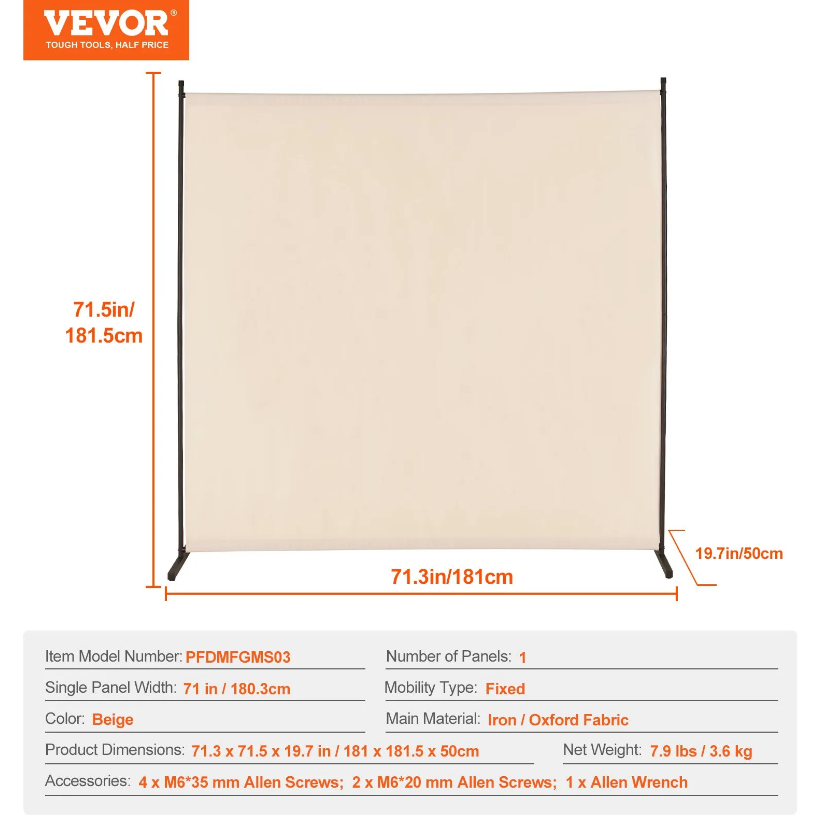 VEVOR 6FT Room Divider Single Panel Fabric Room Screen for Office Bedroom Beige