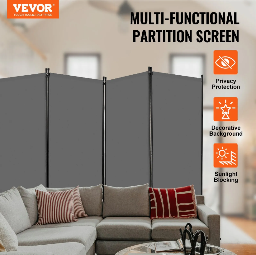 VEVOR Room Divider 4 Panels Fabric Room Privacy Screen for Office Bedroom Grey