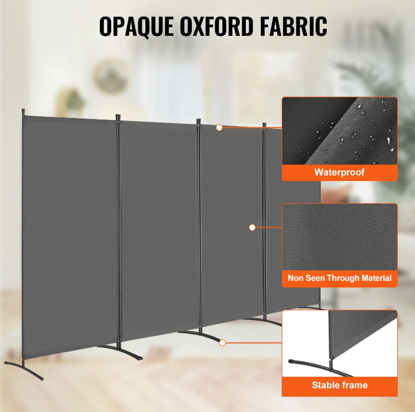 VEVOR Room Divider 4 Panels Fabric Room Privacy Screen for Office Bedroom Grey