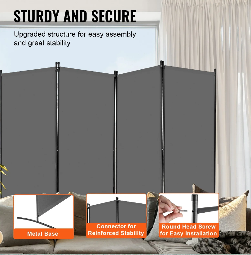 VEVOR Room Divider 4 Panels Fabric Room Privacy Screen for Office Bedroom Grey