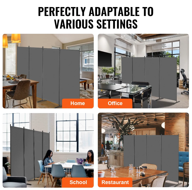 VEVOR Room Divider 4 Panels Fabric Room Privacy Screen for Office Bedroom Grey