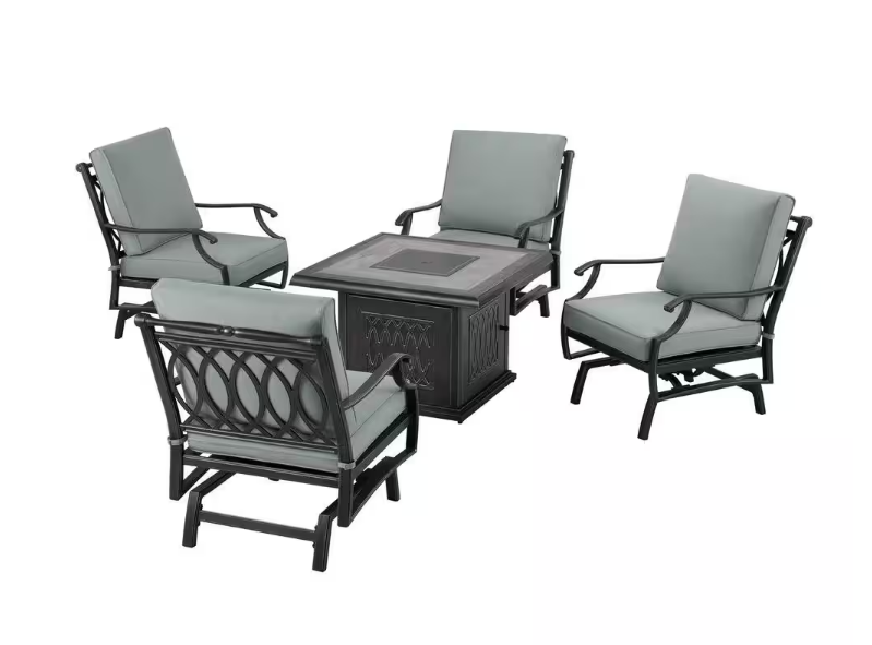 St. Charles 5-Piece Metal Outdoor Patio Fire Pit / Table Seating Set Performance Acrylic Mist Cushions