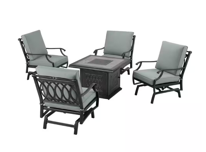 St. Charles 5-Piece Metal Outdoor Patio Fire Pit / Table Seating Set Performance Acrylic Mist Cushions