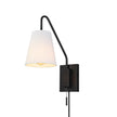 NEW/OPEN BOX Everett Matte Black Swing Arm Plug-In  Wall Sconce with White Fabric Shade