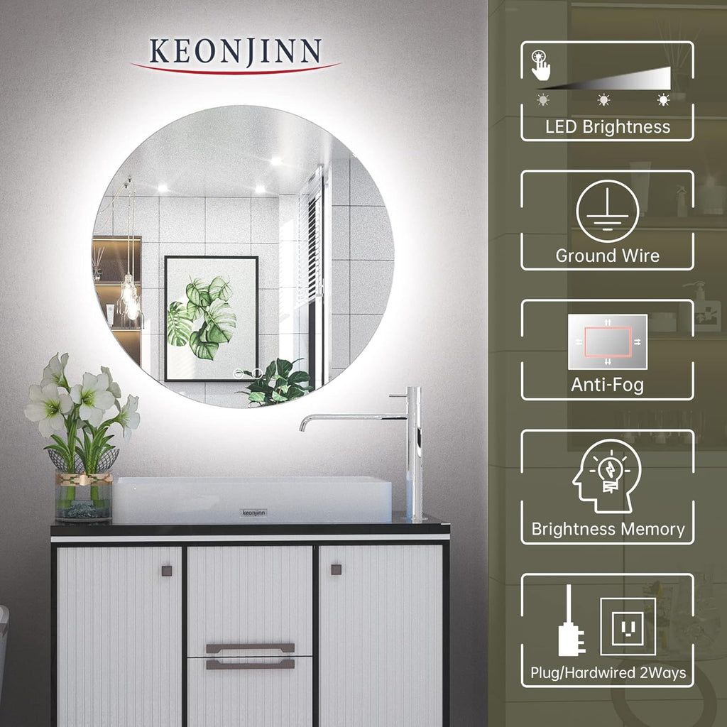 LED Round Bathroom Mirror 24 Inch Backlit Mirror Bathroom Lighted Mirror Dimmable Circle Mirror