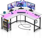 Rolanstar Computer Desk 53" with Power Outlets USB Ports & LED Strip, Reversible L Shaped Desk