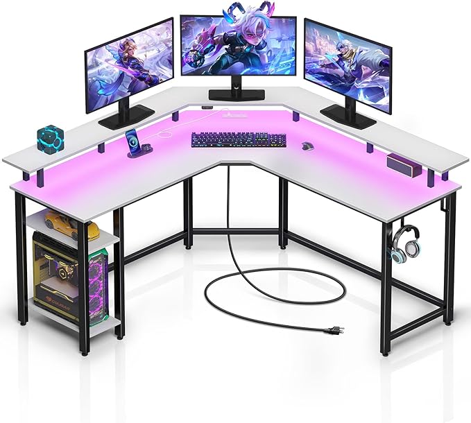 Rolanstar Computer Desk 53" with Power Outlets USB Ports & LED Strip, Reversible L Shaped Desk