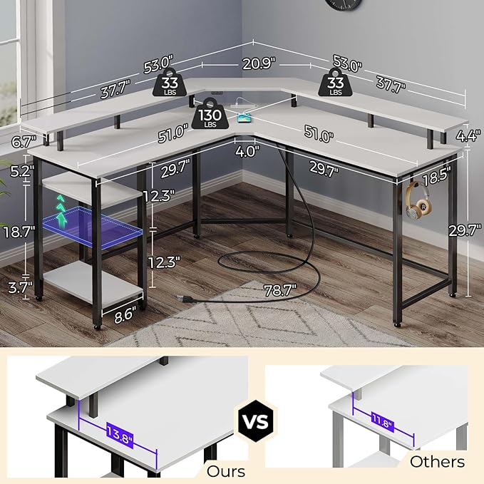 Rolanstar Computer Desk 53" with Power Outlets USB Ports & LED Strip, Reversible L Shaped Desk