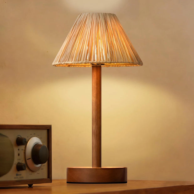 Room Decor Bedside Table Lamp 13.19-inch with wooden base hand-woven raffia lampshade