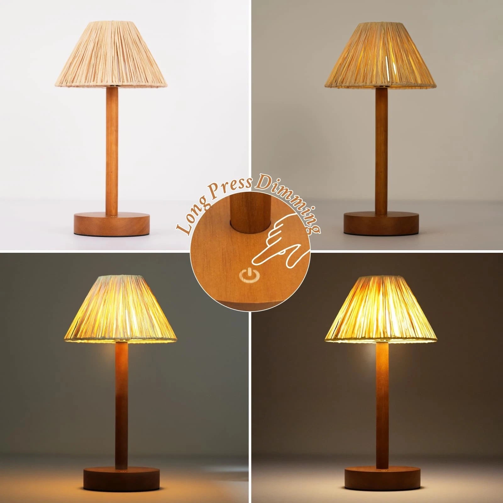 Room Decor Bedside Table Lamp 13.19-inch with wooden base hand-woven raffia lampshade