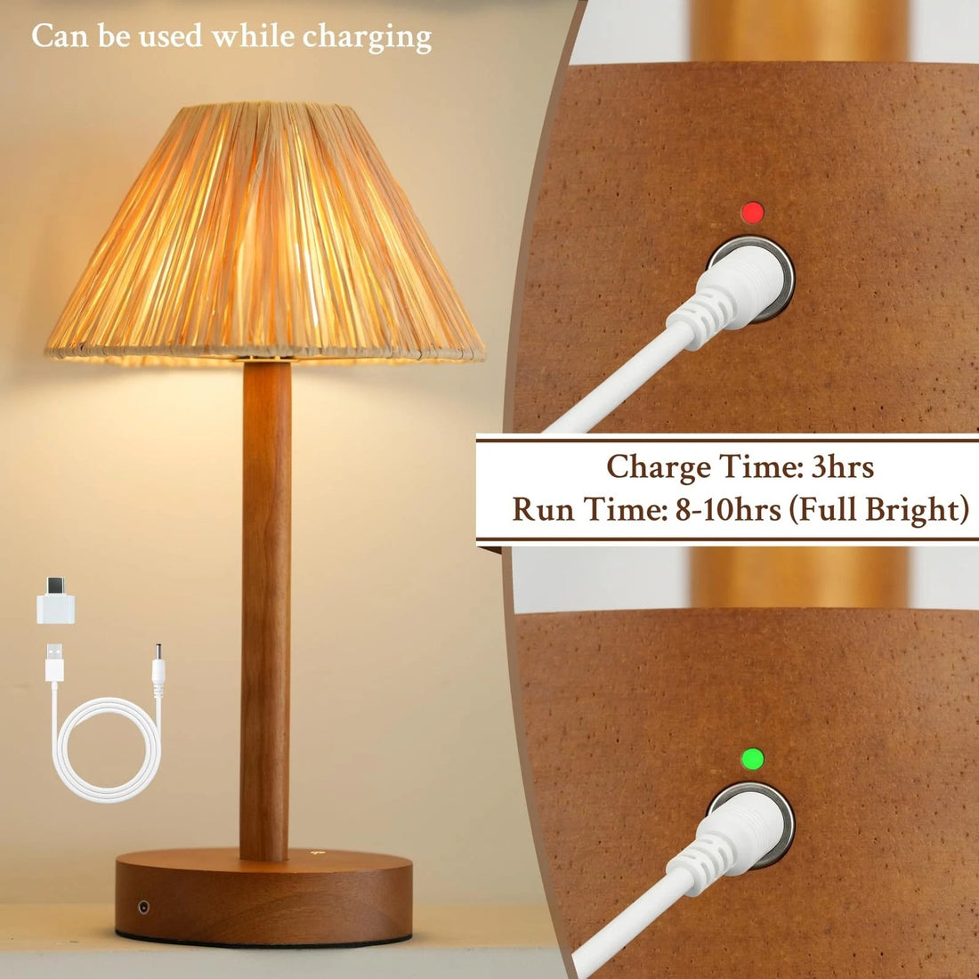 Room Decor Bedside Table Lamp 13.19-inch with wooden base hand-woven raffia lampshade