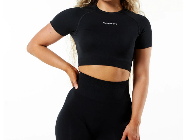 NEW Alphalete Women's AMPLIFY SS CROP TOP (043371) Size L Black