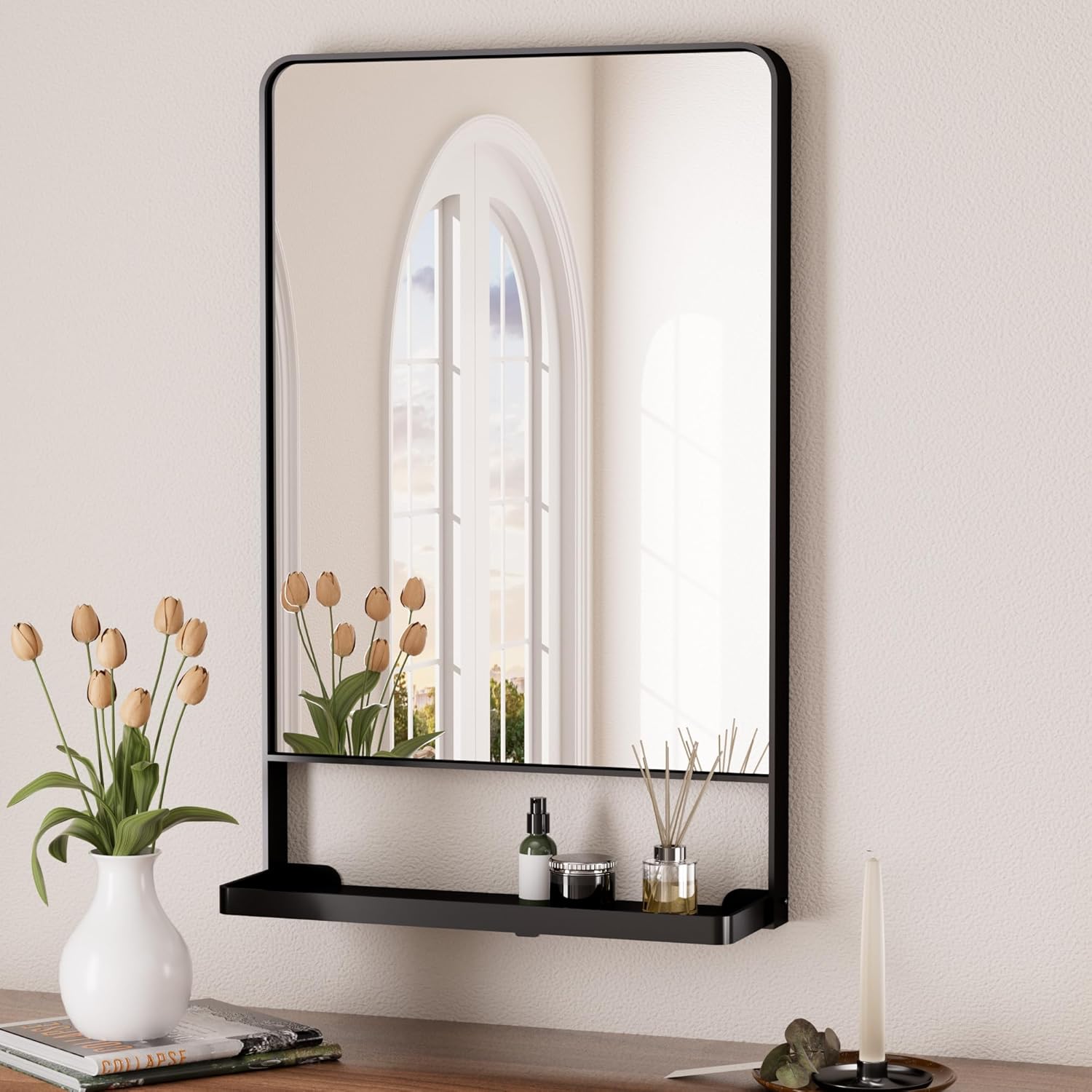 18x28 Inch Black Bathroom Mirror with Shelf, Rectangle Metal Bathroom Vanity Mirror with Storage