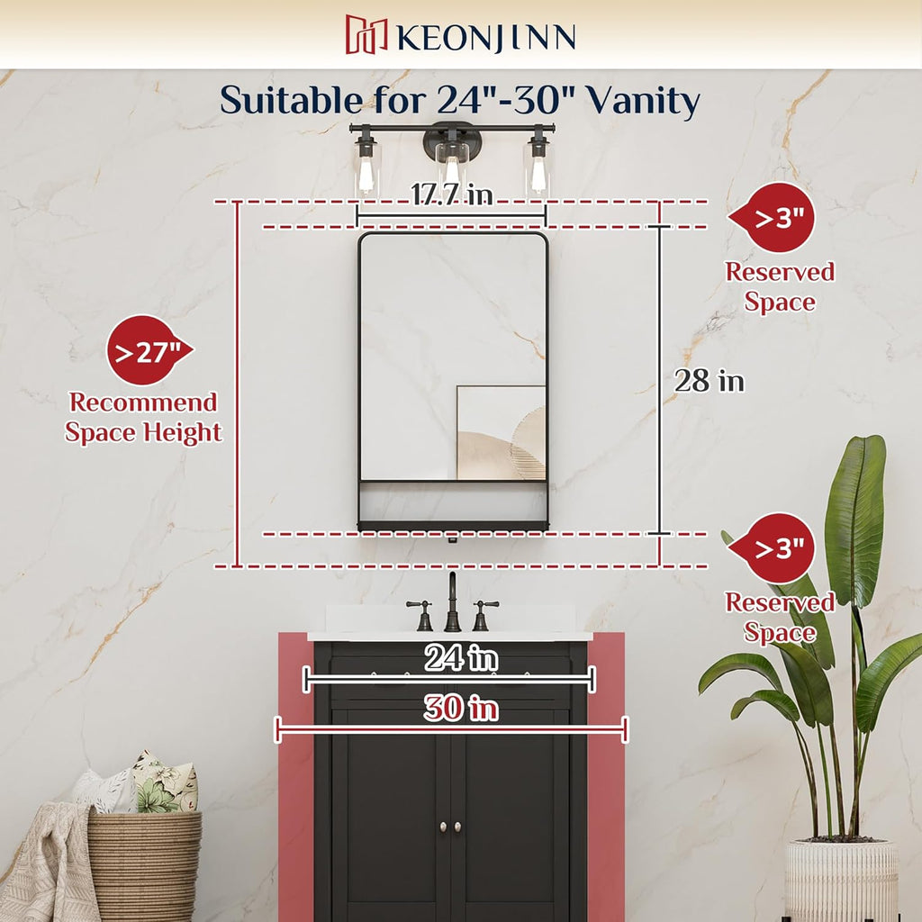 18x28 Inch Black Bathroom Mirror with Shelf, Rectangle Metal Bathroom Vanity Mirror with Storage