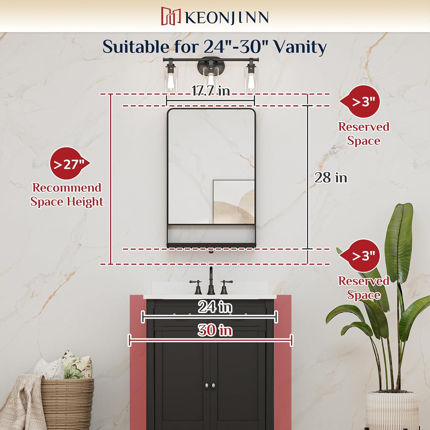 18x28 Inch Black Bathroom Mirror with Shelf, Rectangle Metal Bathroom Vanity Mirror with Storage