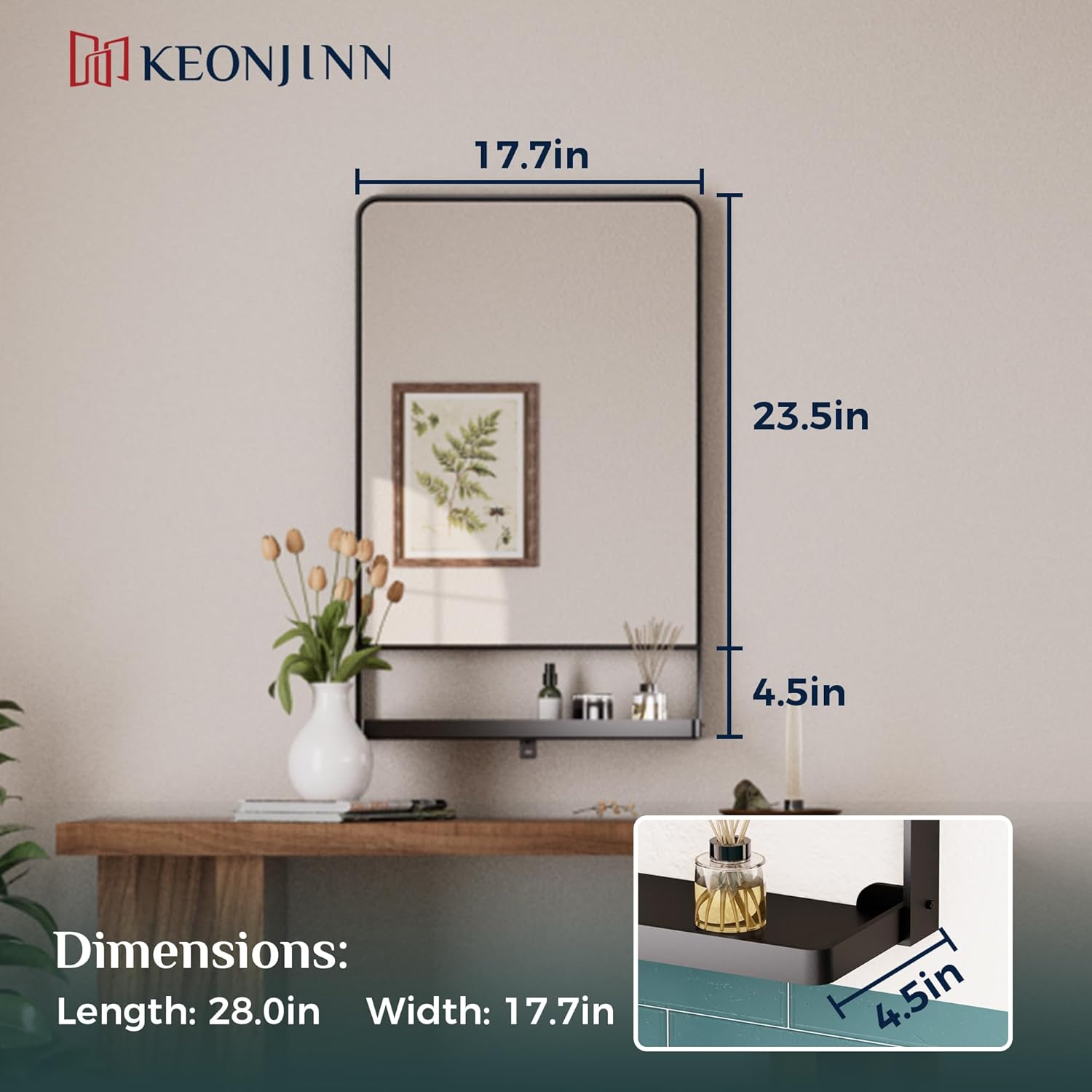 18x28 Inch Black Bathroom Mirror with Shelf, Rectangle Metal Bathroom Vanity Mirror with Storage